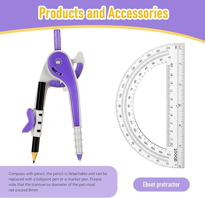 EBOOT Student Geometry Math Set, Drawing Compass and 6 Inch Clear Swing Arm Protractors 180 Degree Math Protractor (Purple)
