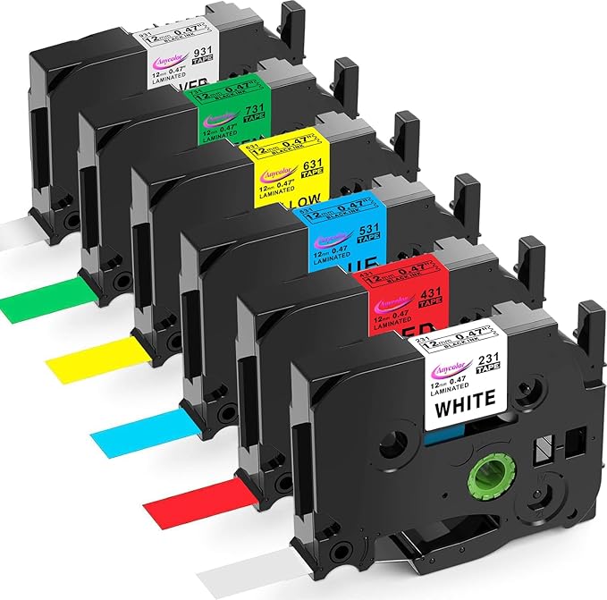 Anycolor 6 Pack Compatible with Brother P Touch 12mm 0.47 Inch Laminated TZ Label Maker Tape TZe TZ Label Tape for Brother Ptouch PT-D220 PT-D210 PT-H110 D410 D600, White/Silver/Red/Blue/Yellow/Green