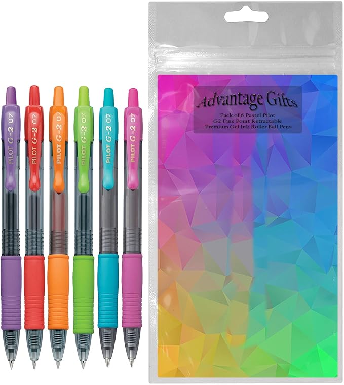 G2 Retractable Premium Gel Ink Roller Ball Pens Fine Point (.7mm) Assorted Colors Red/Pink/Purple/Lime/Turquise/Orange Ink 6-pk; Bundle with Plastic Reusable Pouch