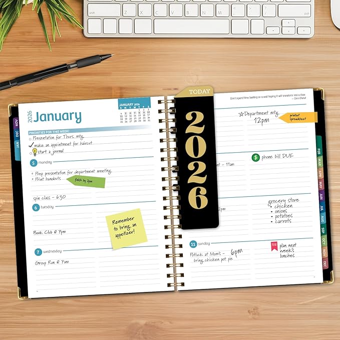 HARDCOVER 2026 Planner, 8.5"x11": 14 Months (November 2025 - December 2026), Daily Weekly Monthly Planner, Yearly Agenda, Bookmark, Pocket Folder and Sticky Note Set (Black Gold Numbers)