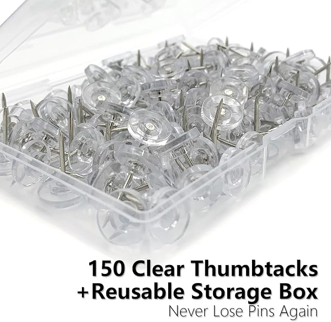 150 Pack Clear Push Pins Tacks, Flat Head Thumbtacks for Bulletin Board, Cork Board, Shadow Box, Wall Hanging – Heavy Duty Plastic Head with Steel Point in Reusable Storage Box