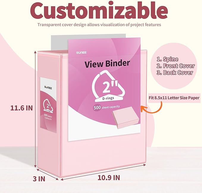 SUNEE 3 Ring Binder 2 Inch, Clear View Binder Three Ring PVC-Free (Fit 8.5x11 Inches) for School or Office Supplies, Assorted Pastel, 4 Pack