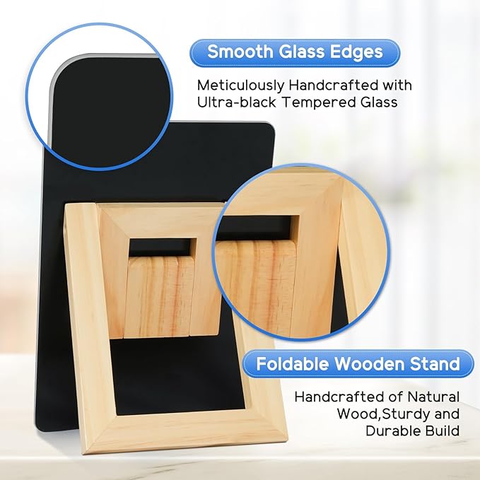 WALGLASS Desktop Black Glass Dry Erase Board 9.5"x 6.7" with Reversible Wood Stand, Small White Board, Portable Whiteboard for Desk, Reusable Desk Notepad with 2 Markers&Eraser for Home, Office