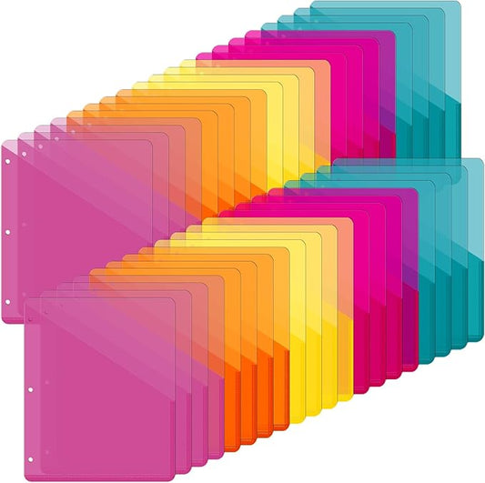 Maitys 50 Pack Binder Pockets 3 Hole Punch Clear Plastic Document Folders Binder Organizer Store Letter Size 8.5x11 Inch Paper Folders with Pockets Slash File Jacket for Office (Summer Color)