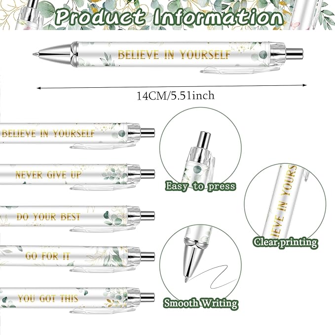 30PCS Inspirational Ballpoint Pen Green Eucalyptus Leaves Ballpoint Pen Employee Appreciation Gift Bulk Motivational Pens Black Ink Pens Set for School Teacher Office Employee Party Favors