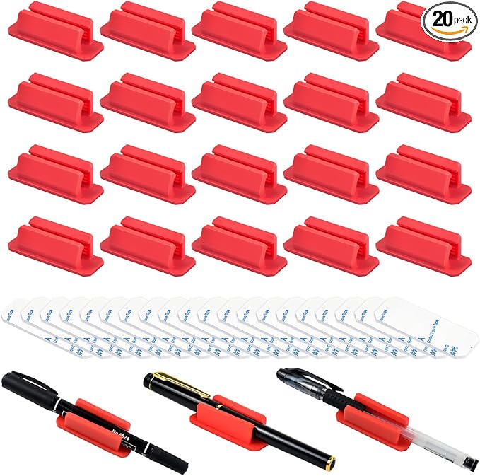 20 Pack Pen Holder Silicone,Adhesive Pen Holder for Desk,Marker Clip for Classroom Office Desk Accessories, Pencil Holder with 20 Double Sided Extra Sticky Tape (Red)