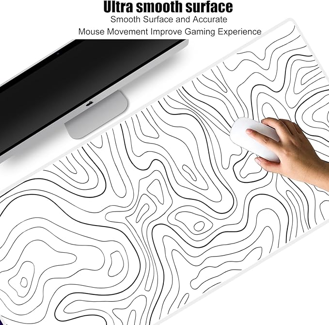 White Mouse Pad, Topographic Mouse Pad Large, Gaming Desk Pad, XL Mousepad, Keyboard Pad, Desk Mat, 31.5 x 11.8 in, Minimalist Contour for Office