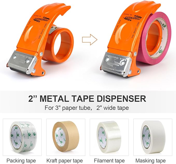BOMEI PACK Metal Packing Tape Dispenser, 2inch Heavy Duty Handheld Heavy Tape Dispenser, 2Pcs, Orange