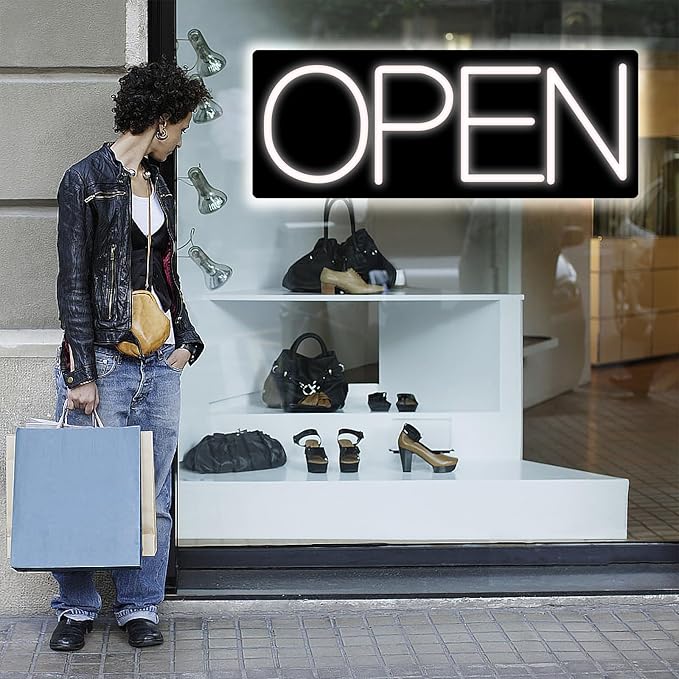 Open Signs for Business, LED Neon Open Sign 16 Inch 12V/2A Ultra Bright Lighted Open Sign Electric Light Up Open Sign for Business Storefront Window Glass Door Retail Shop Store Bar Salon Restaurant White