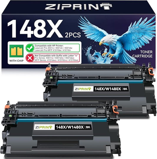ZIPRINT 148X Black High Yield Toner Cartridge (with Chip) Compatible Replacement for HP 148X 148A W1480X W1480A for Laserjet Pro MFP 4101fdw 4101fdn 4001dw 4001dn 4001n (2 Pack)