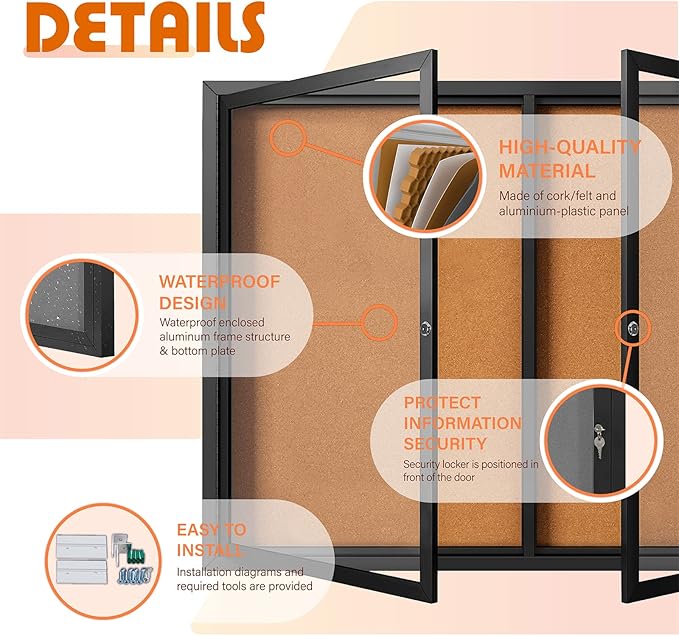 Enclosed Bulletin Board Outdoor Noticeboard with Locking Door, Weather-Resistant, Cork, Black Aluminum Frame, 70 x 36 in