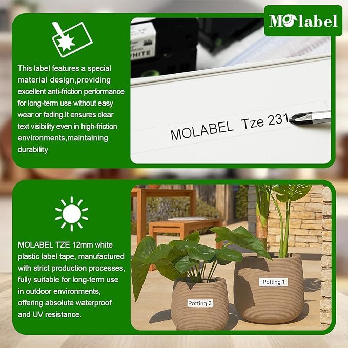 Label Tape Compatible with Brother Tze-231, 12mm 0.47" Black on White Laminated Tape for P-Touch Label Maker PT-D210 D220 H110 D410 P710BT H111 1070, 10 Pack