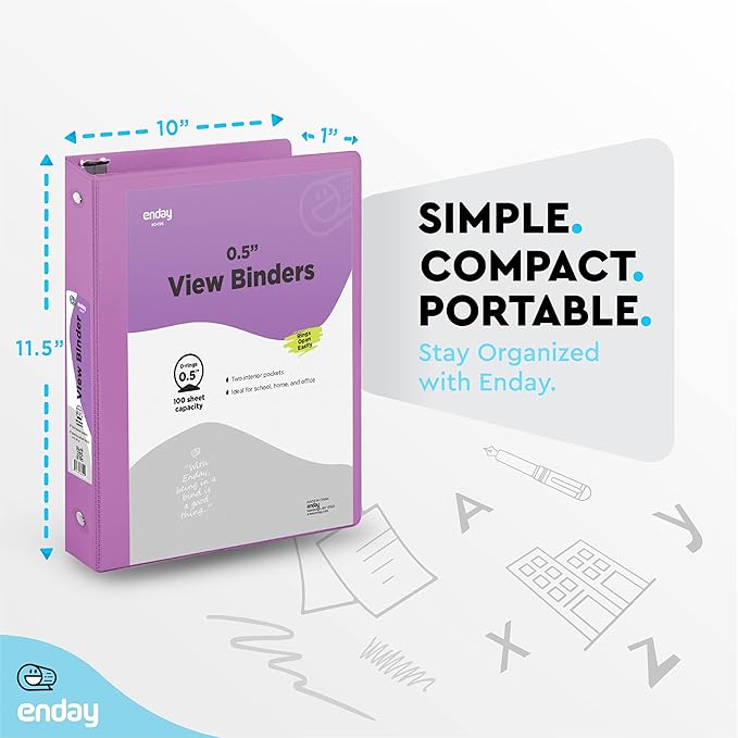 ½ Inch 3 Ring Binder .5 inch Purple Clear View Cover with 2 Inside Pockets, Colored School Supplies Office and Home Binders – by Enday
