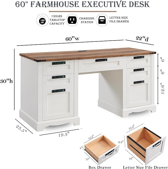 RedLemon 60" Farmhouse Executive Desk with Drawers, Wood Home Office Desk w/Charging Station, Keyboard Tray, File Drawer, Storage Cabinet, Rustic Computer Writing Desk (Antique White)