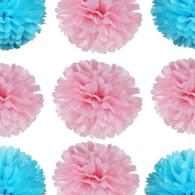 14" Pink and Blue Tissue Pom Poms Kit DIY Decorative Paper Flowers for Baby Shower Boy or Girl Gender Reveal Party Wedding Backdrop Birthday Party Nursery Hanging Decorations, Pack of 10