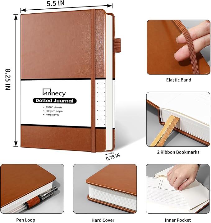 Annecy Numbered Bullet Dotted Journal Notebook, Medium 5.5x 8.25, 160 Pages 100GSM Writing Paper, A5 Brown Faux Leather Cover with Pen Loop