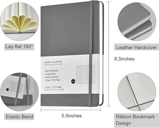 Coopay 24 Pack A5 Journal Notebooks Bulk, 160 Pages, 100GSM Thick Paper, 8.3 x 5.5 inch Hardcover Lined Leather Journals for Writing Office School Business,Bulk Notebook for Work Men Women(Gray)