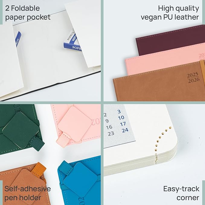 POPRUN Academic Planner 2025-2026, 8.5'' x 11.25'', Quarter-Hourly Appointment Book (July 2025-June 2026) with PU Leather Soft Cover, Dual Pockets, Monthly Tabs, 100GSM Thick Paper - Pacific Green