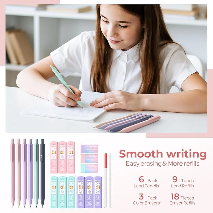 Nicpro 38PCS Aesthetic School Supplies, Cute Mechanical Pencils 0.5, 0.7, 0.9 & 2.0 mm with 564PCS Lead Refills, Pastel Mechanical Pencil Set for Students Girls Writing Drawing Drafting - Pink Case