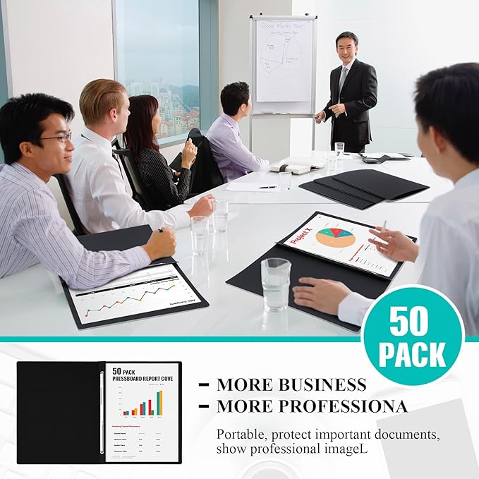 50 Pcs 8.5'' x 11'' Pressboard Report Cover, 3'' Capacity Metal Prong Fastener with Compressor, Letter Size, Presentation Folder to Neatly Bind Report, Proposal Document (Black)