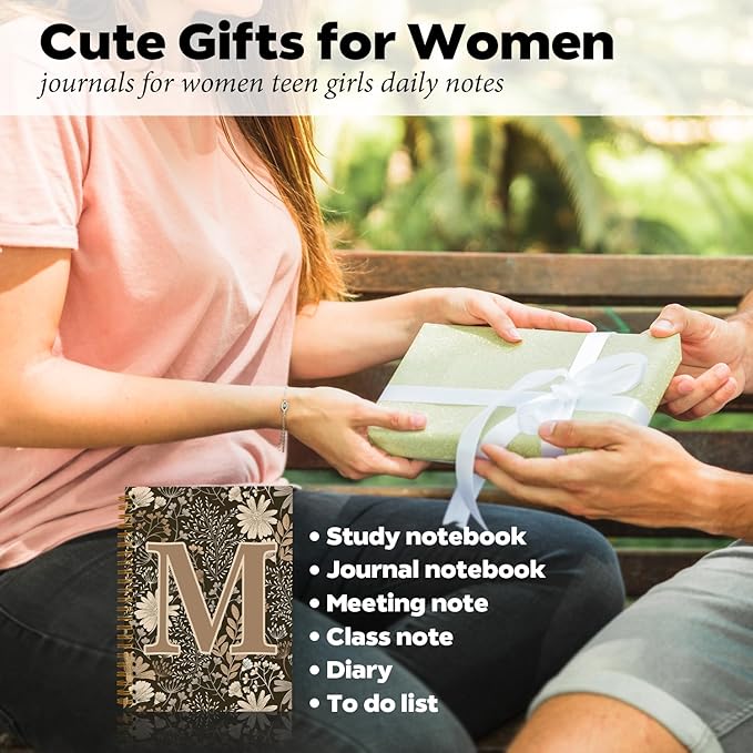 Initial M Personalized Journal Notebook, Boho Floral Journaling Notebooks for Women Girls, Costom Monogrammed Gifts for Women Mom Girls Friends, Letter Spiral Notebook, 5.5x8.3