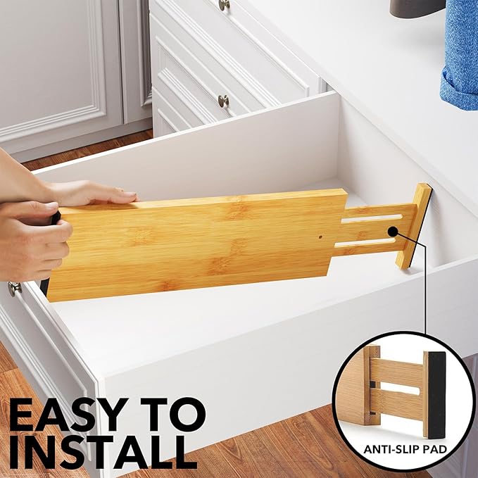 SpaceAid Bamboo Dresser Drawer Dividers 6 Pack, 4.65“ High Adjustable 17“-22” Drawer Organizers, Expandable Organization for Clothing, Clothes, Dressers, Natural