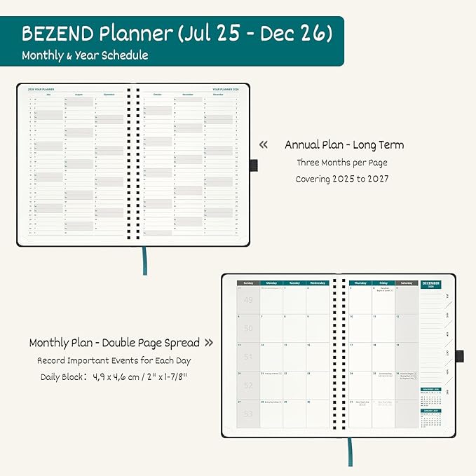 BEZEND 2026 Planner Weekly and Monthly (8.5" x 11"), Large 2-Column Calendar Book (Jul 25-Dec 26), Dual Schedule for Daily Appointment, Easy Track Tabs, Spiral, PU Leather Softcover, Mustard