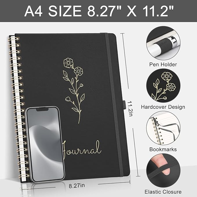 EMSHOI Spiral Notebook A4, 8.5"x11" Hardcover Leather Lined Journal with 110 Pages, 100GSM Thick Paper, Contents & Page Numbers, Flower Design - for Work, School, Journaling, Writing-Black