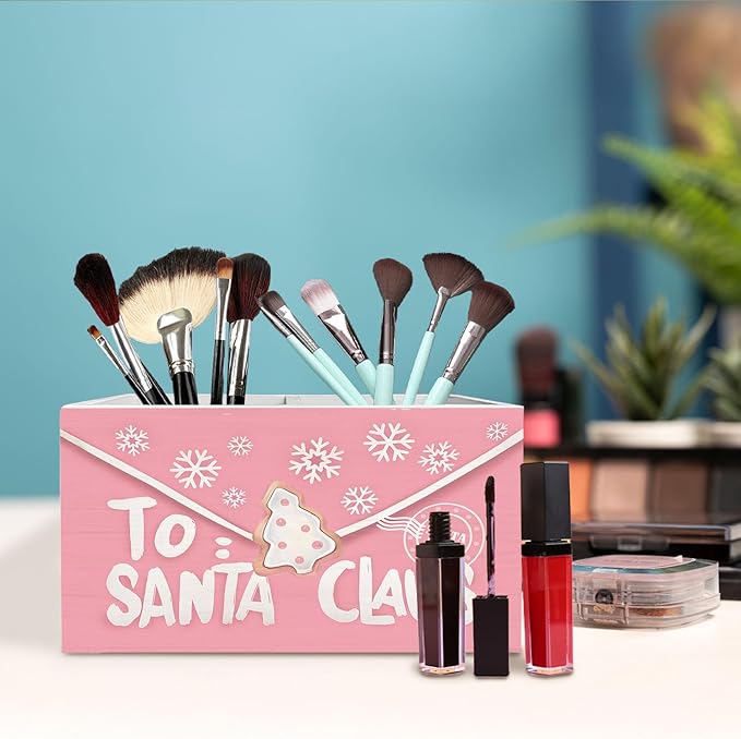 Pink Christmas Winter Pen Holder for Desk, Letter to Santa Claus Wooden Box Sign Desk Decor for Home Office Decoration, Preppy Xmas Pencil Organizer, Pink Christmas Room Decor