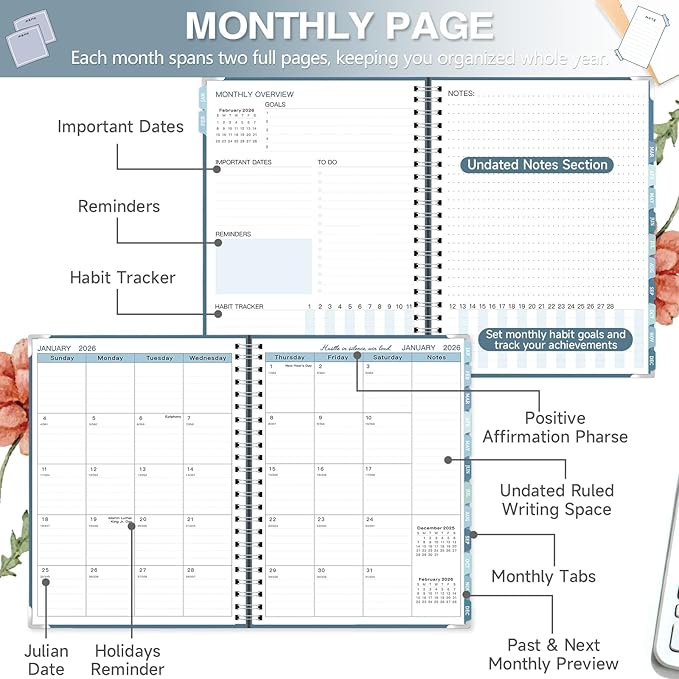 GuassLee Large 2026 Planner, Weekly and Monthly Planner from January 2026-December 2026, 8.5"x 11" Calendar Agenda Book with Back Pocket, Stickers for Home Office School Supplies, A4 Size, Blue