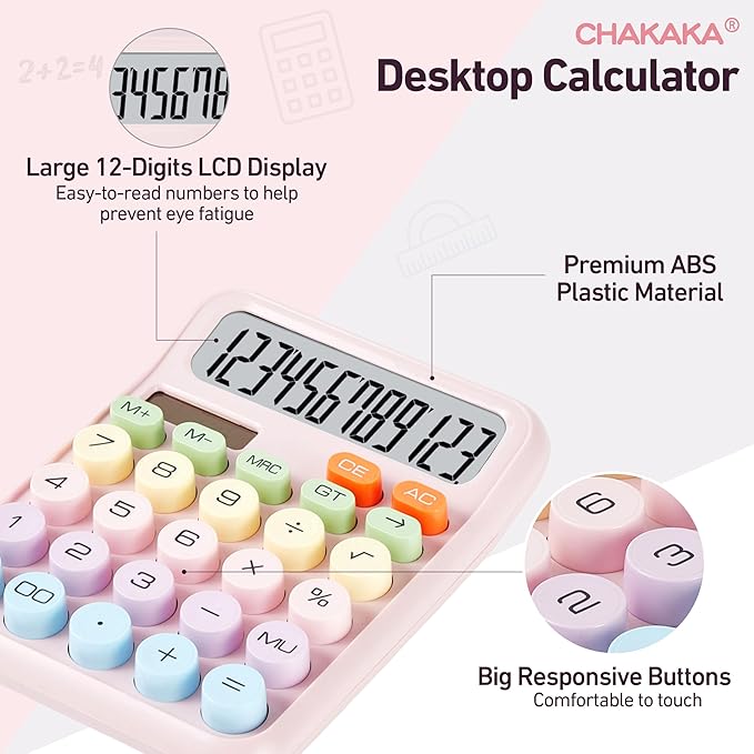 Basic Desktop Calculator with 12-Digit Large LCD Display & Big Buttons – Dual Power (Solar & Battery), Easy to Press Mechanical Switch Calculator – Cute Office Desk Supplies for Home and School (Pink)