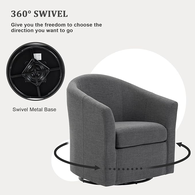 UIXE 360° Swivel Barrel Accent Chair, Modern Round Arm Chair Upholstered Club Armchair, Single Sofa Seating in Fabric for Living Room, Bedroom (Dark Grey)