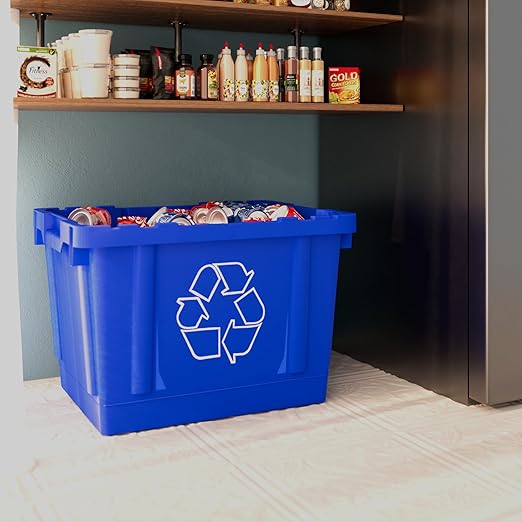 14 Gallon Rectangular Blue Recycling Bin | 2 Pack | Inside Outside Curbside | Stackable Box for Paper Plastic