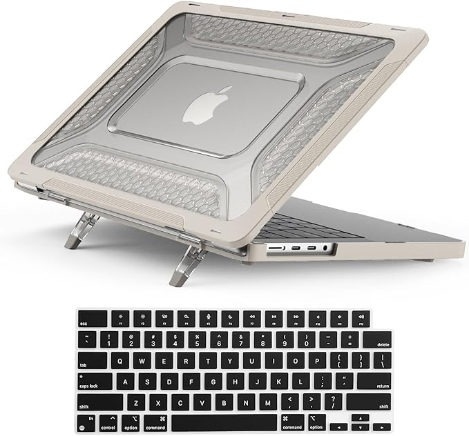 KEROM Heavy Duty Case for MacBook Pro 14 inch 2025-2021 M5 M4 M3 M2 M1 Chip A3434 A3112 A3185 A3401 A2918 A2992 A2779 A2442, Rugged TPU Bumper Hardshell with Foldable Kickstand & Keyboard Cover, Beige