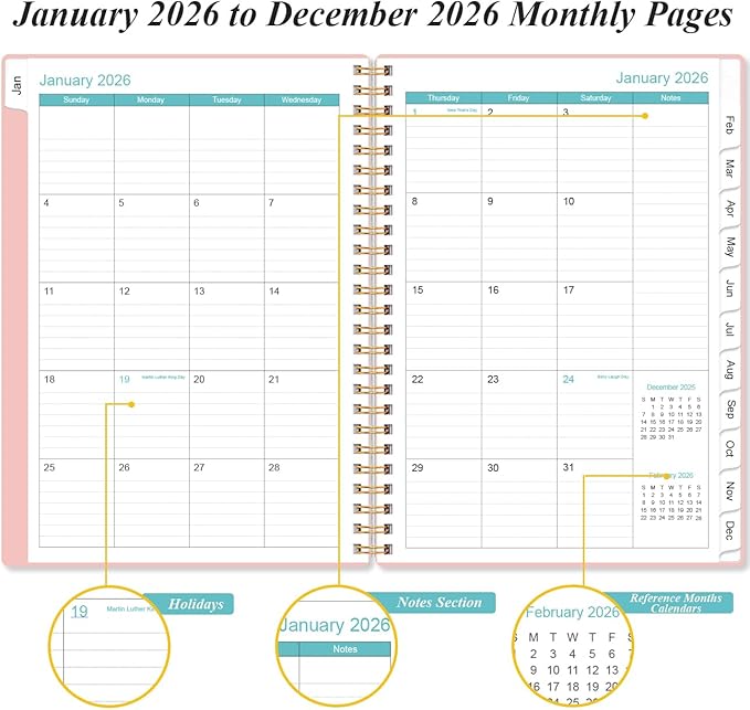 2026 Planner - Planner 2026 from January 2026 - December 2026, Weekly & Monthly Planner Spiral Bound with 12 Monthly Tabs, Inner Pocket, 6.4" x 8.5", Pink-E