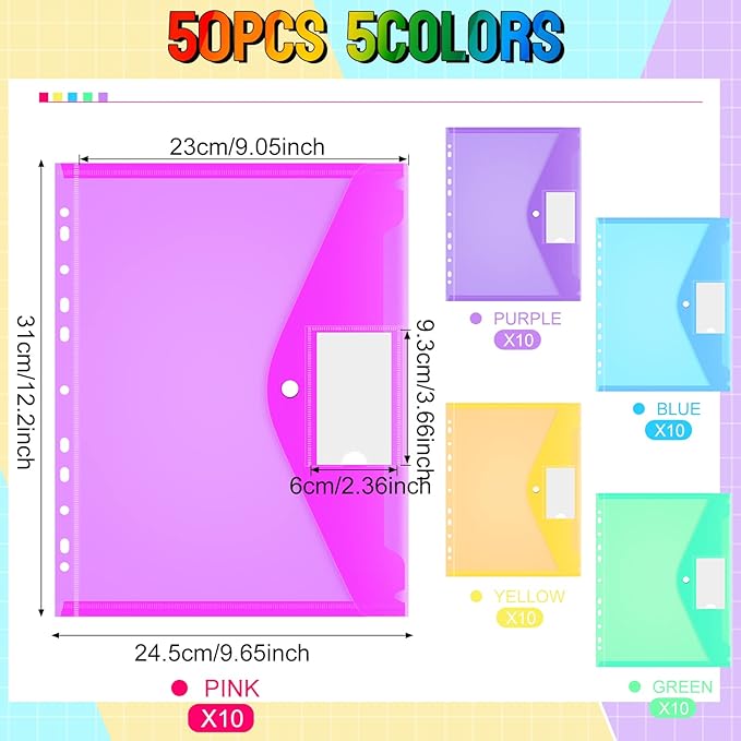 Fuutreo 50 Pcs Binder Pockets for 3 Ring Plastic Envelopes Pocket Folders 11 Hole Snap Button Binder Pouch with Label Expandable Organizer for 2/3/4 Ring