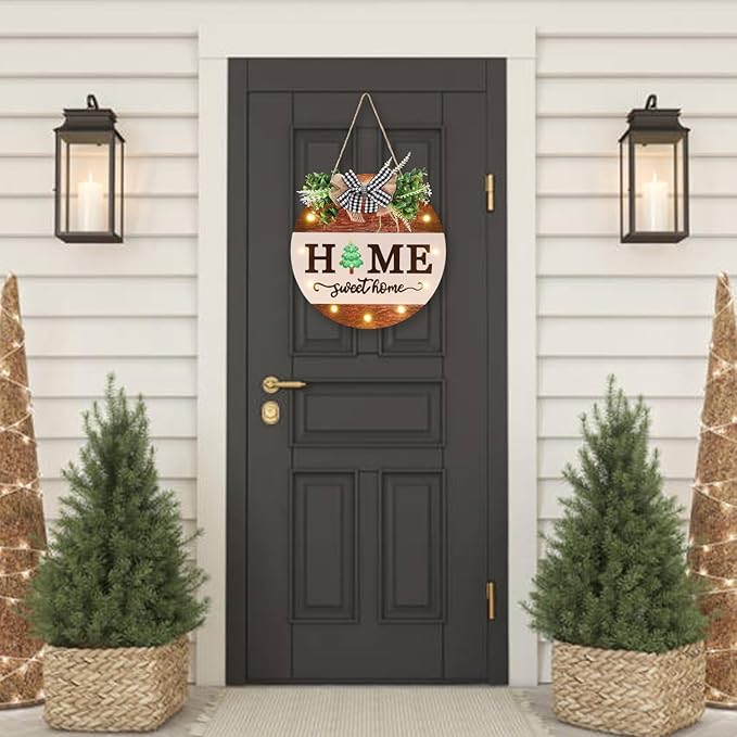 HOMCDALY Interchangeable Welcome Sign for Front Door with 14 Changeable Icons, Door Wreaths for Front Door with 12 LED Lights, Farmhouse Rustic Welcome Door Hanger Wall Sign, Porch Decorations(White)