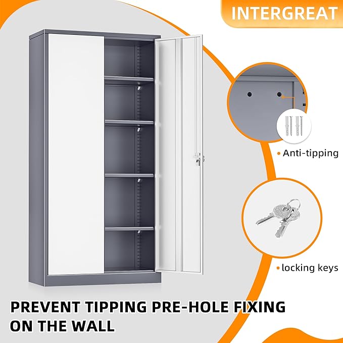 INTERGREAT Metal Storage Cabinet,72 Tall Armoire Wardrobe Closet with Doors,Grey White Storage Locker Cabinets with Adjustable Shelves and Removable Hanging Rods