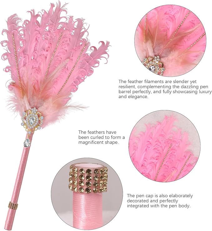 CROWN GUIDE Luxury Feather Quill Pen with Shiny Rhinestones & Curled Goose Feathers- Wedding Guest Book Pen, Great Gatsby/HP Party Supplies, Bridal Shower Gift with Rose Gold Heart Charm (13.8",White)