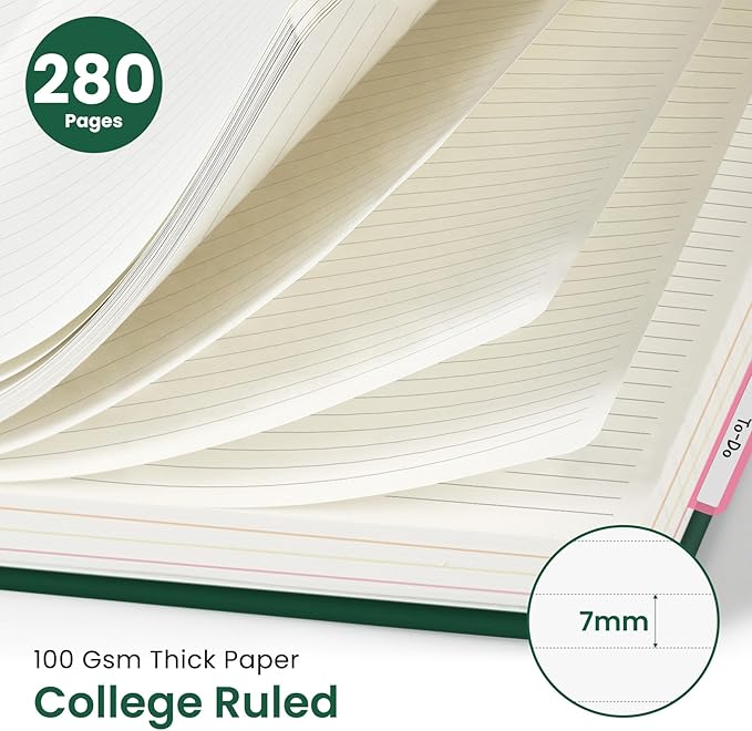 Hardcover Spiral Journal Notebooks for Work With Removable Dividers & Tabs, 8.5"x11" 5 Subject Notebook for Note Taking & Organizer, A4 College Ruled Lined Journal for Women & Writing, Dark Green, 280 Pages