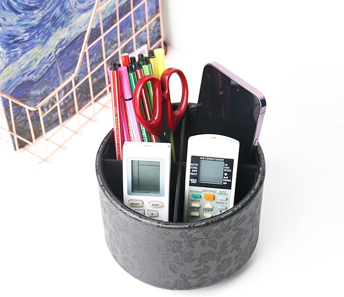 lizimandu Round Leather Art Supply Organizer,Remote Control Holder,360 Degree Spinning,Multi-Functional Pencil Holder,4 Compartments Desktop Stationary Organizer(1-Liuli Black)