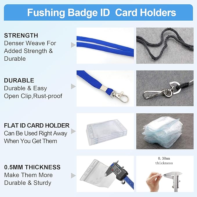 Fushing 50pcs Clear Plastic Vertical Name Tags Badge ID Card Holders and Blue Neck Lanyards with Swivel Hook for School, Festival, Event (XL)