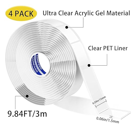 Heavy Duty Double Sided Nano Tape,4Roll,0.6inx9.84FT - Waterproof, Strong Adhesion, Clear, High Strength, No Residue Removability for Hanging, Wall Mounting, Home Decor, Adhesive for Shower