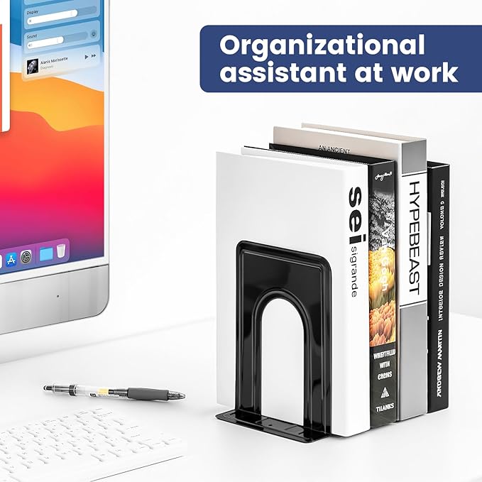 HappyHapi Book Ends, Metal Bookends for Shelves, Non-Skid Book End to Hold Books, Black Book Stopper/Holder for Office Home Kitchen, 5.7X 4.9 X 6.5 in, 3 Pair(6 Pcs, Large)