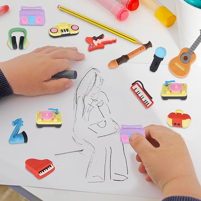24 Pcs Erasers for Kids, Mini Pencil Eraser Bulk Classroom Prizes, Fun Puzzle Erasers for Preschool Elementary Student, Back to School Supplies (Musical Instrument)