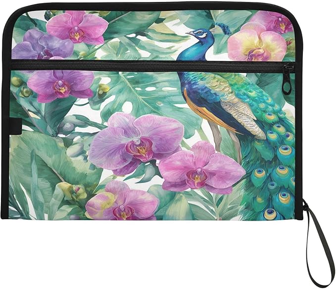 Peacocks and Purple Flowers Expanding File Organizer with 13 Pockets Accordion File Folders with Labels,Portable Document Paper Bill Receipt Organizer,Home College School Office Supplies, Lette