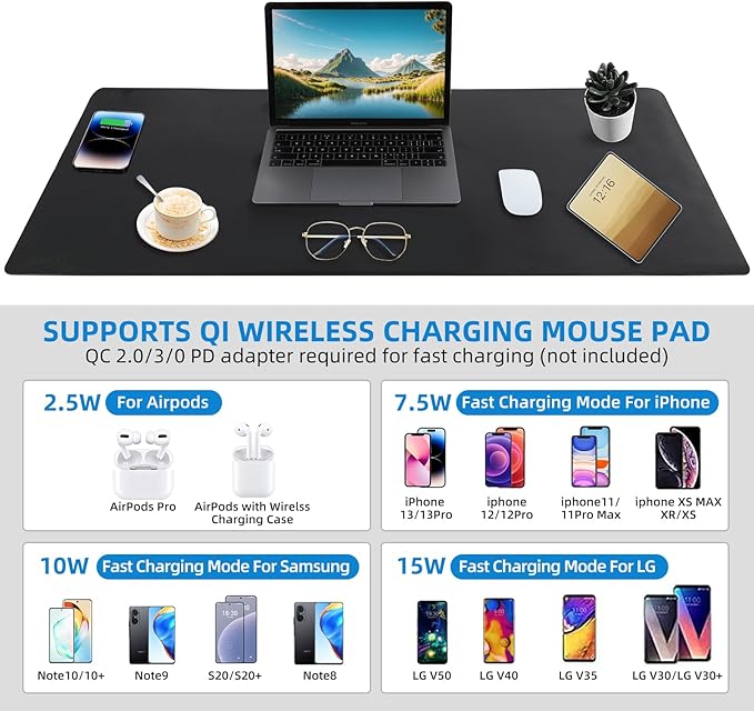 Wireless Charging Mouse Pad with for Desktop Charging Large Desk Mat 36"x17" Waterproof Black Leather Computer Mat Mousepad Non-Slip Protector on Top of Desks for Keyboard and Mouse(Black-L)