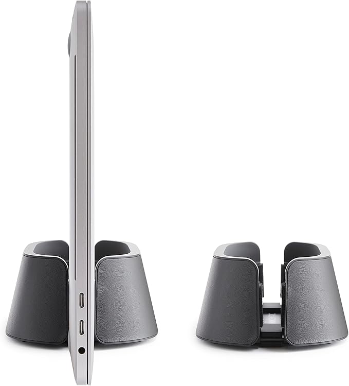 HumanCentric Vertical Laptop Stand in Vegan Black Leather, Upright Adjustable Holder and Dock, Laptop Vertical Stand Fits MacBook Pro and Other Laptops .5" to 1.5", Clamshell Compatible
