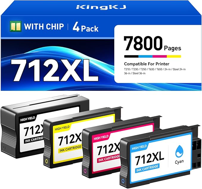 712 712XL Ink Cartridges Combo Set 4-Pack High Yield with chip Replacement for HP 712 712XL Ink Compatible with HP Designjet T650 T630 T230 T210 T250 Studio Plotter Printer (Black/Cyan/Magenta/Yellow)