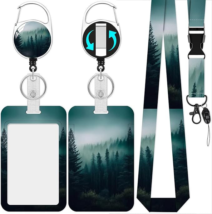 Lanyards with Id Holder, Misty Forest ID Badge Holder with Retractable Lanyard, ID Holder with Badge Reel Clips, Name Tag ID Card Holder Teacher Women Doctor Office Gift